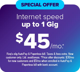 Speed Up to 1 Gig $45 Special Offer Speed Up to 1 Gig $45 Special Offer